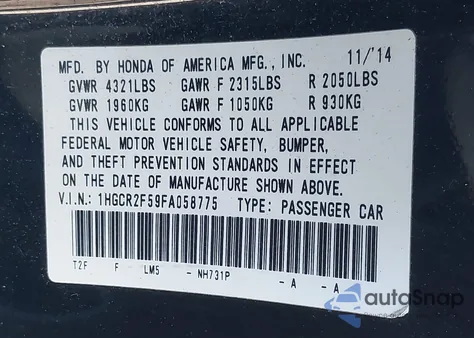 2015 Honda Accord Sport из США, поврежденный, VIN 1HGCR2F59FA058775